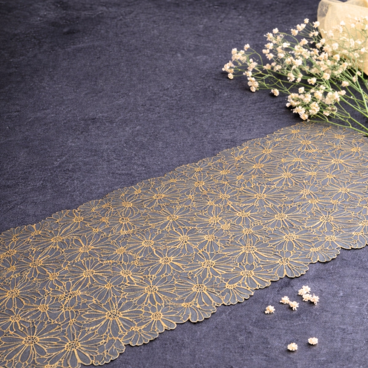 Vinyl Table Runner Classic Gray & Golden Flower Style
