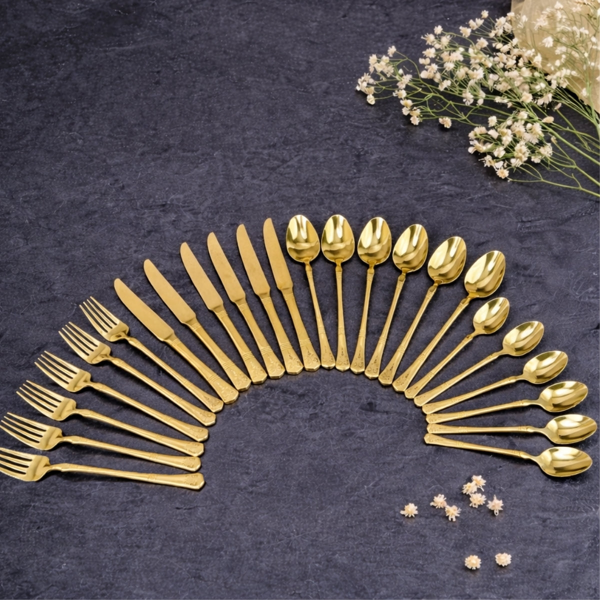 AYD Premium 24-Piece Golden Diamond Pattern Cutlery Set - 6 Person