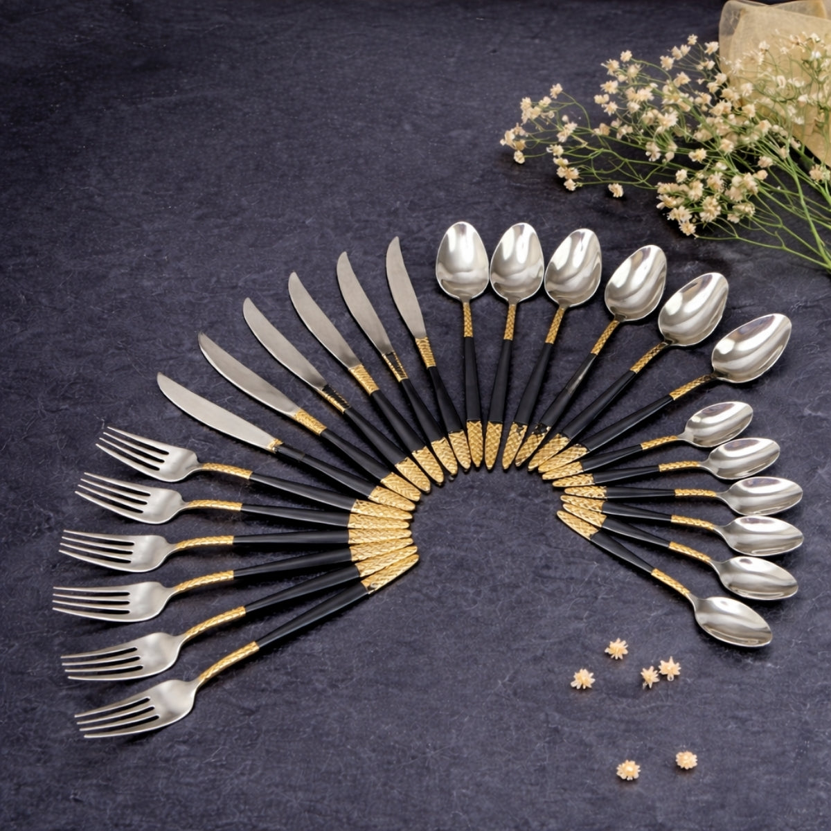 AYD Premium 24-Piece Black & Golden Cutlery Set - 6 Person