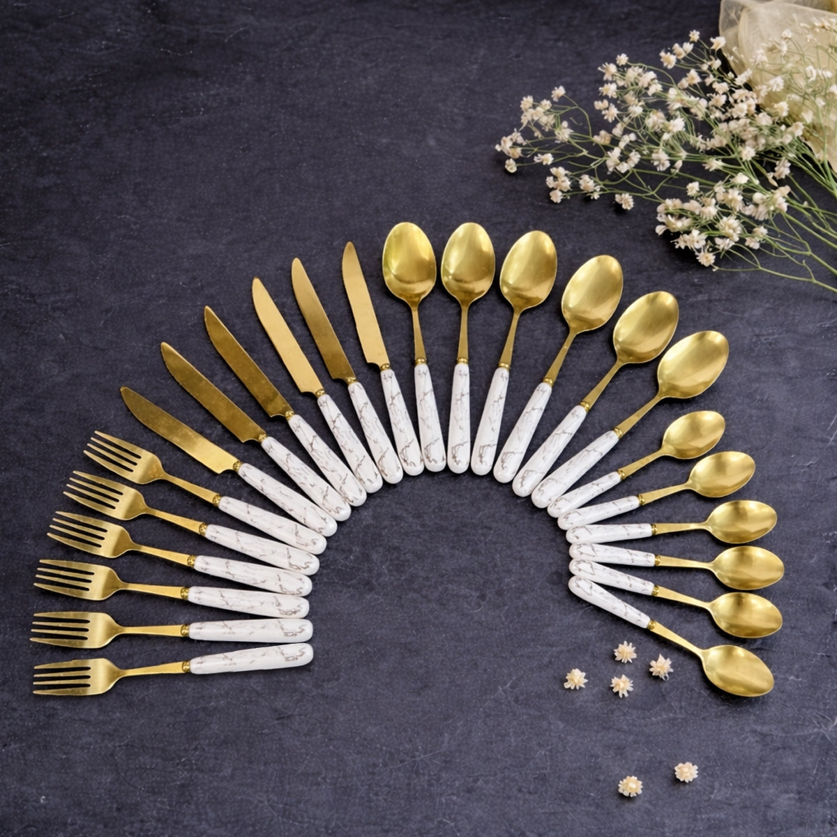 White Marbline Golden Cutlery Set 25 Pcs