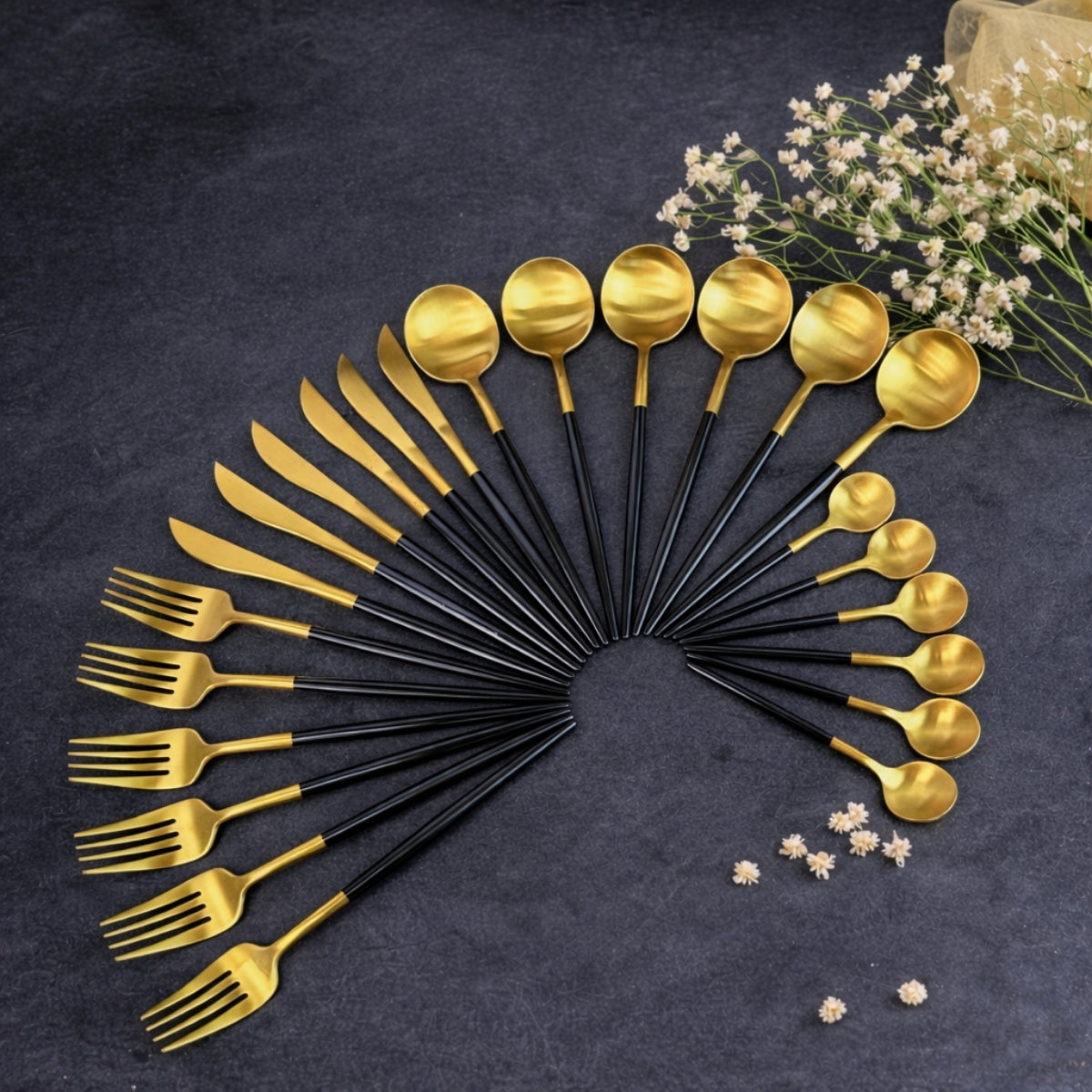 80 Gram HEAVY Quality Cutlery for 6 People - 24 Piece Set - Black & Golden