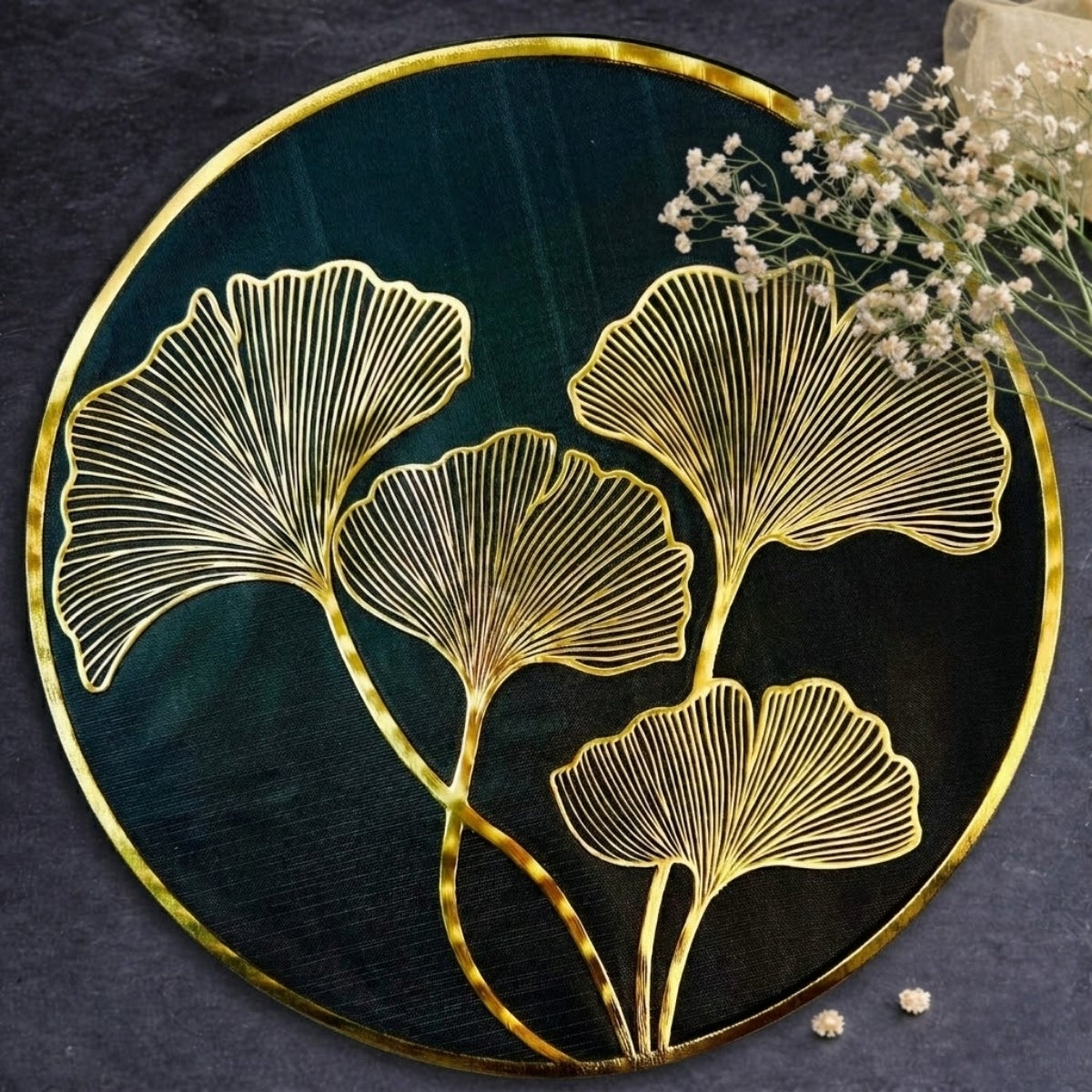 Golden & Black Round Ginkgo Placemat