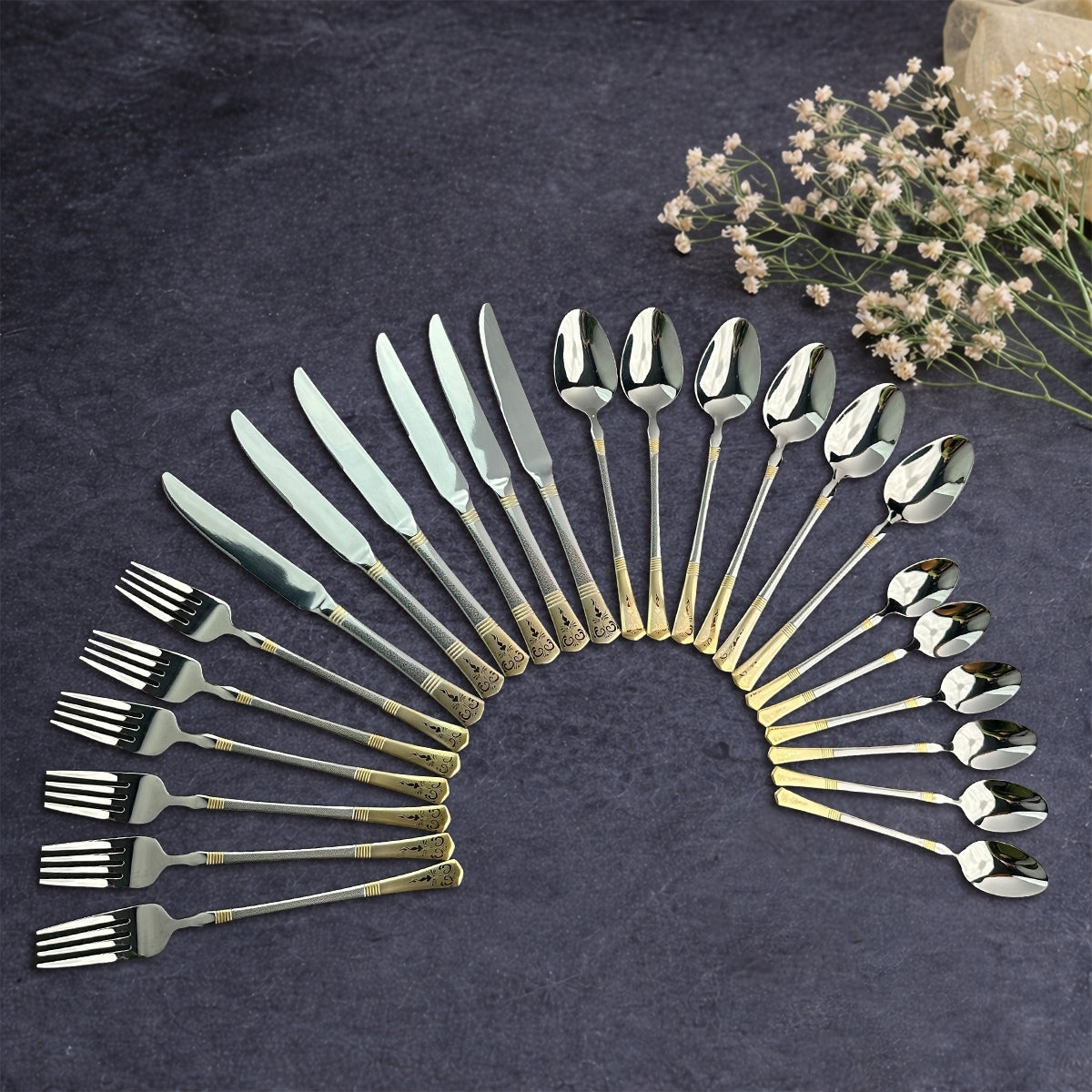 Imported Cutlery 24-Piece Golden & Silver Diamond Pattern Design - 6 Person