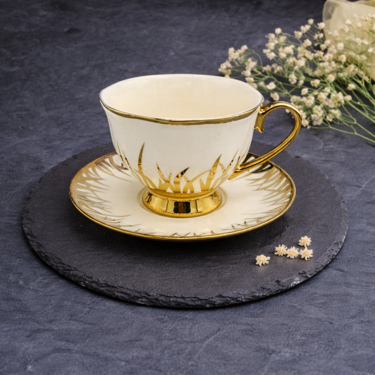 6 Persons Ceramic Tea cup & Saucer Set - Golden Bushes Design