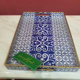 Blue Decorative Square Wooden & Metal Tray - 2 Pcs