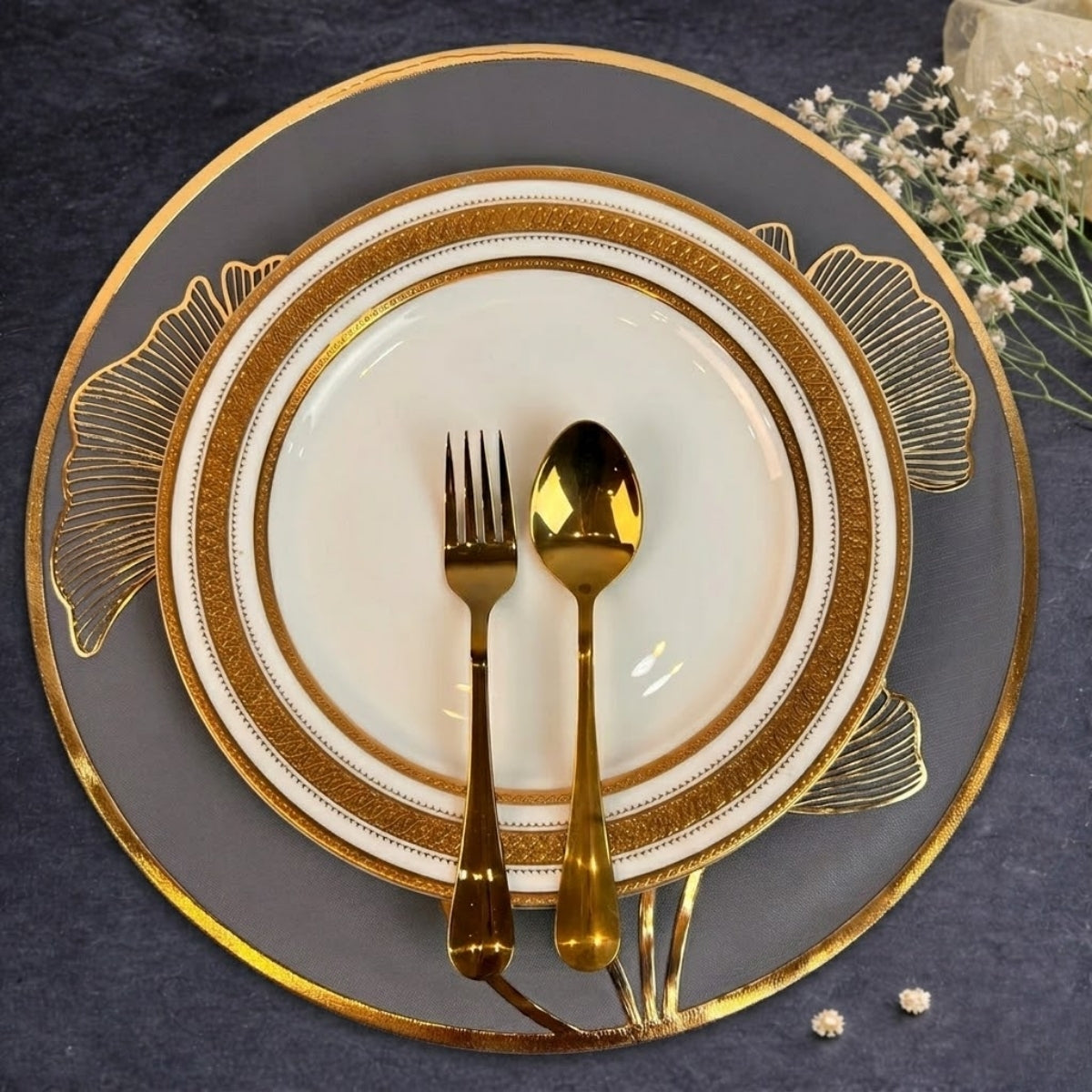 Golden & Grey Round Ginkgo Placemat