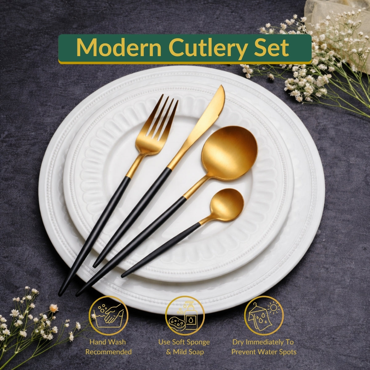 80 Gram HEAVY Quality Cutlery for 6 People - 24 Piece Set - Black & Golden