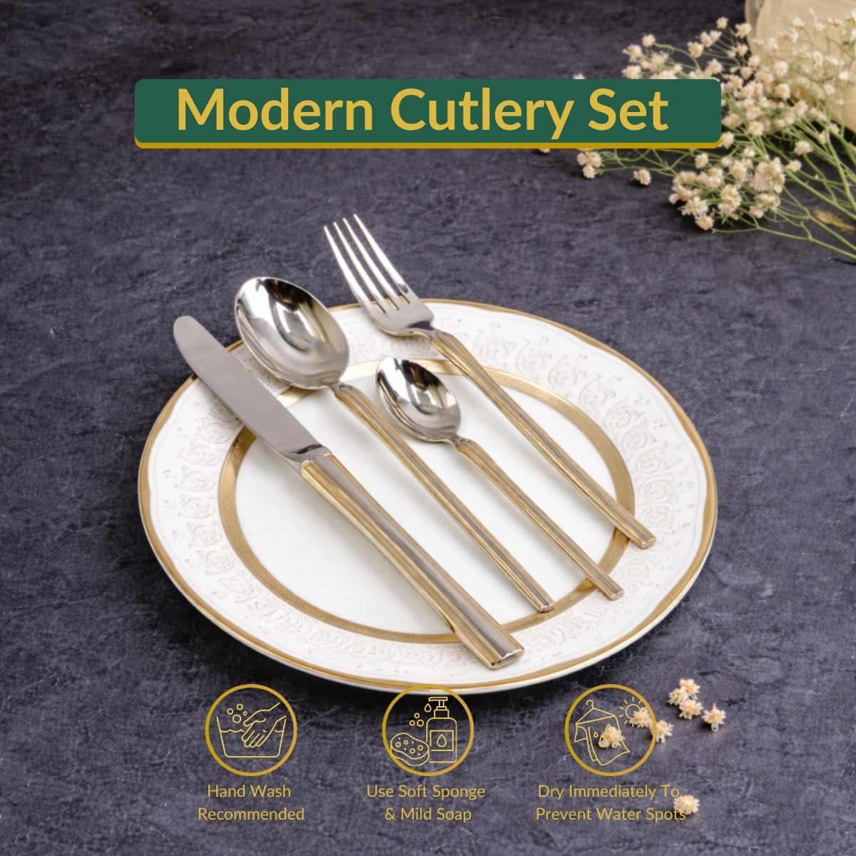 AYD Premium 24-Piece Golden & Silver Cutlery Set - 6 Person