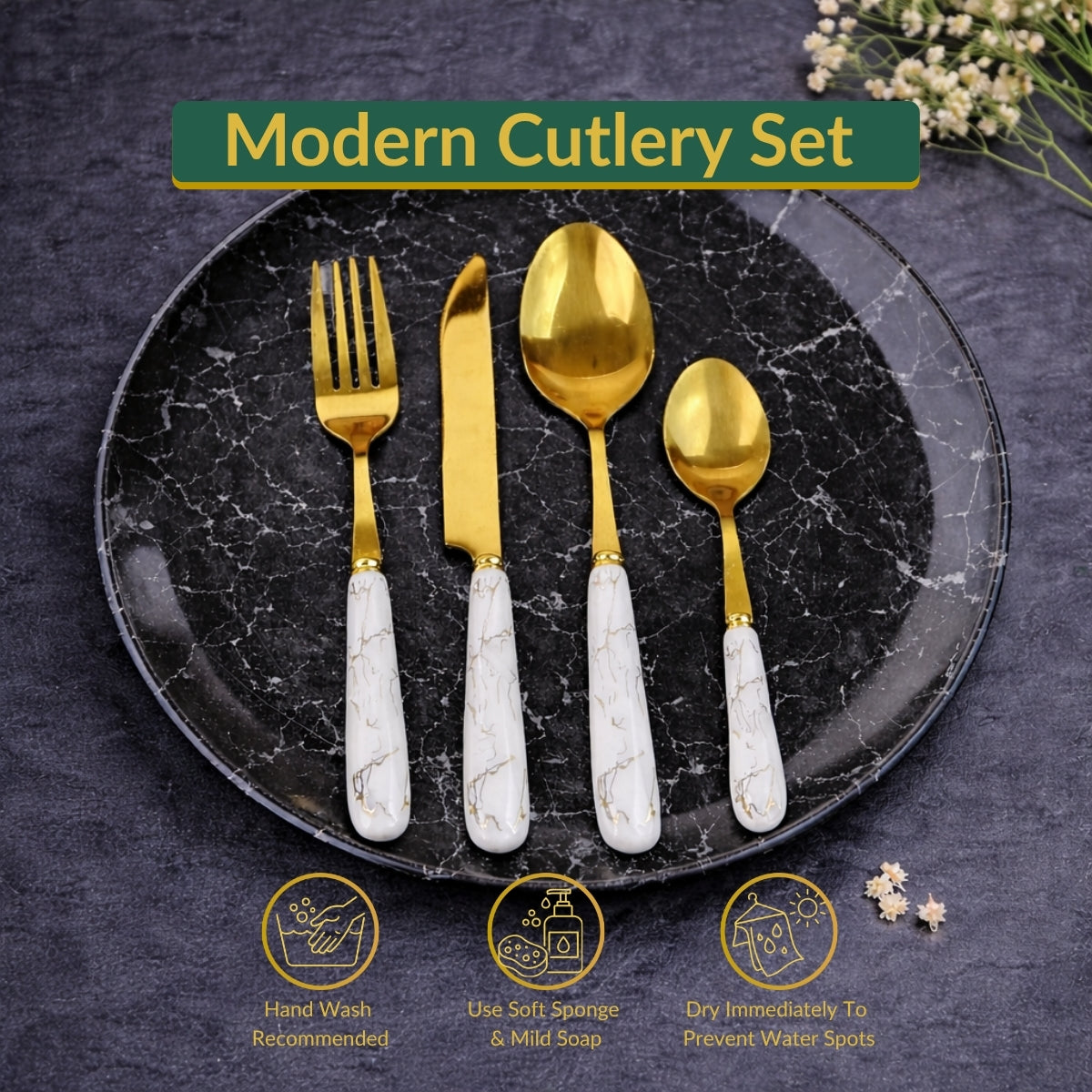 White Marbline Golden Cutlery Set 25 Pcs