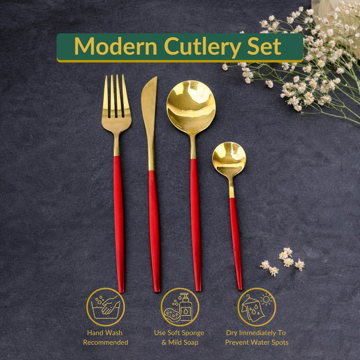 35 Gram Quality Cutlery for 6 People - 24 Piece Set - Gold & Red