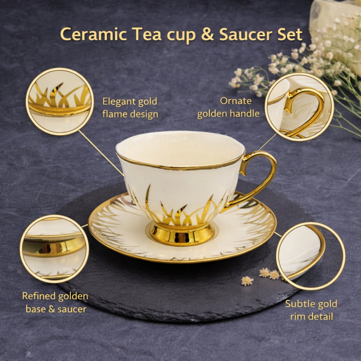 6 Persons Ceramic Tea cup & Saucer Set - Golden Bushes Design