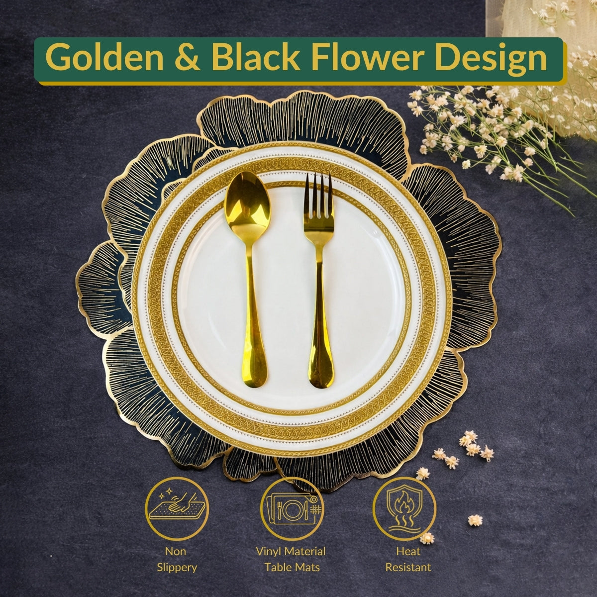 Golden & Black Round Floral Placemat