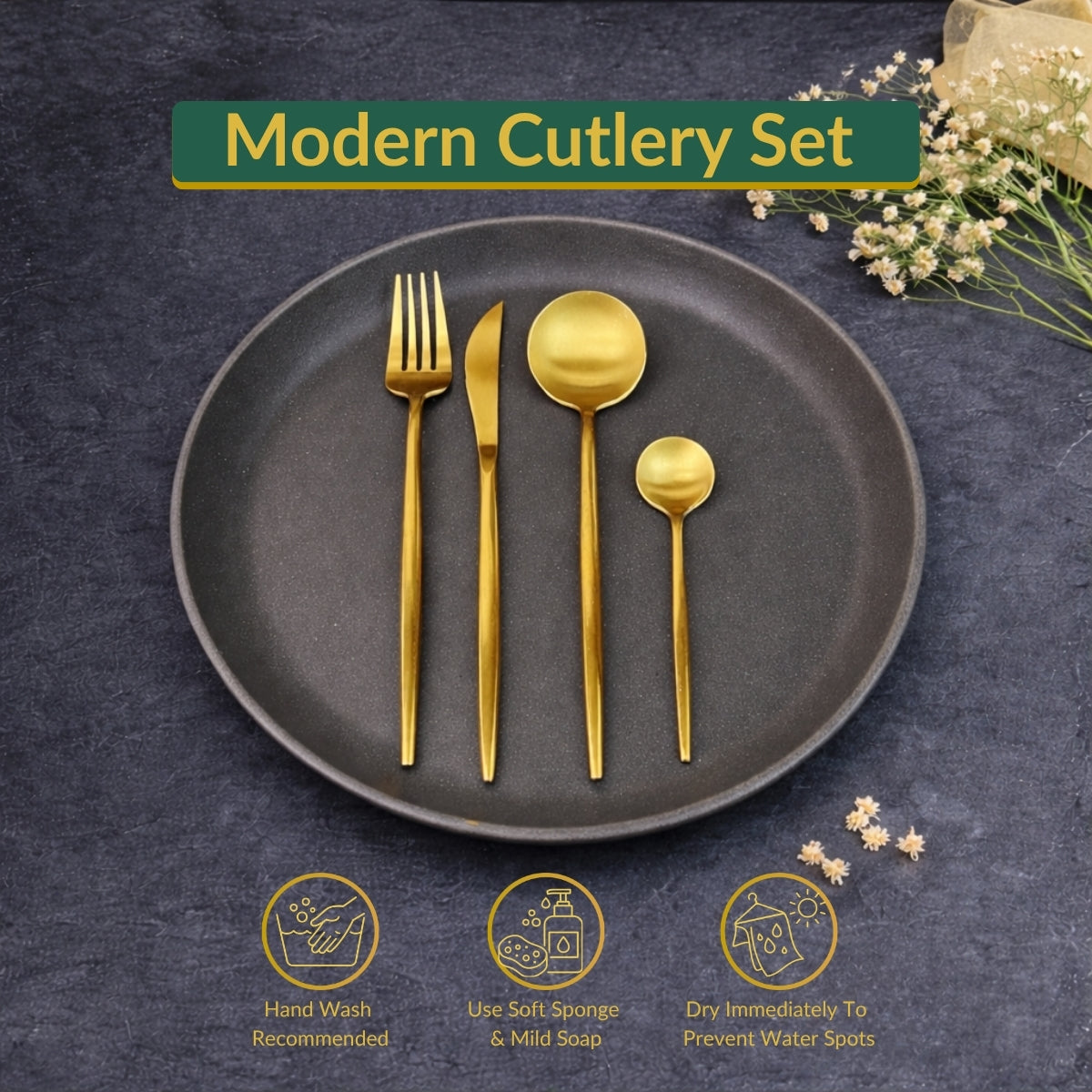 80 Grams Heavy Cutlery for 6 People - 24 Piece Set - Full Golden
