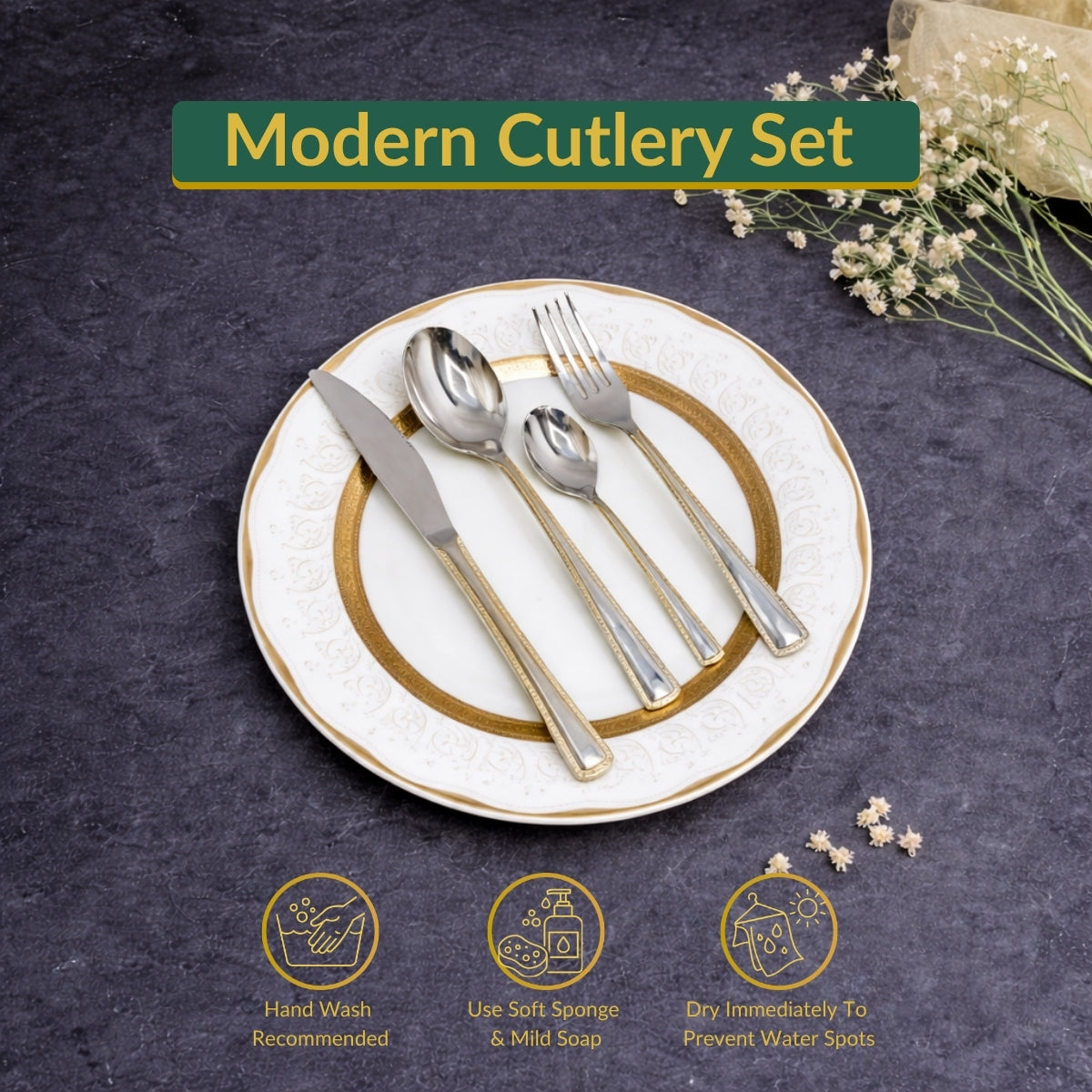 AYD Premium 24-Piece Silver & Golden Cutlery Set - 6 Person