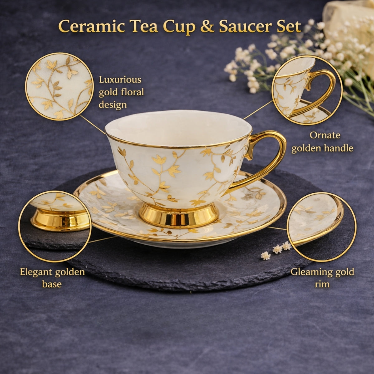 6 Persons Ceramic Tea cup & Saucer Set - Golden Arabic Design