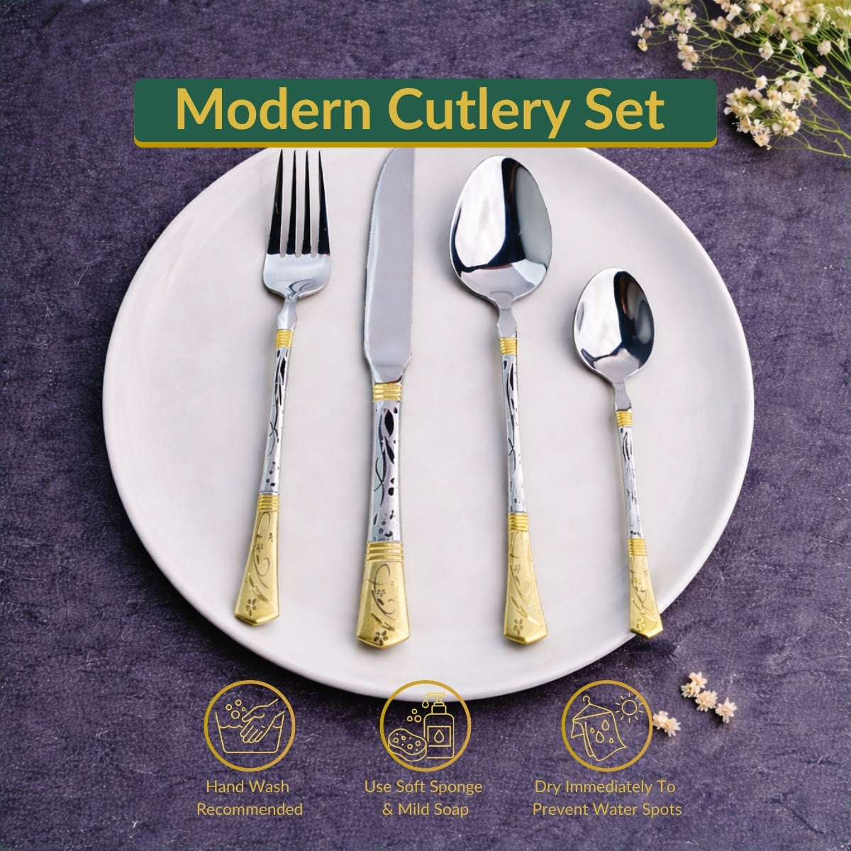 AYD Premium 24-Piece Floral Golden & Silver Cutlery Set - 6 Person