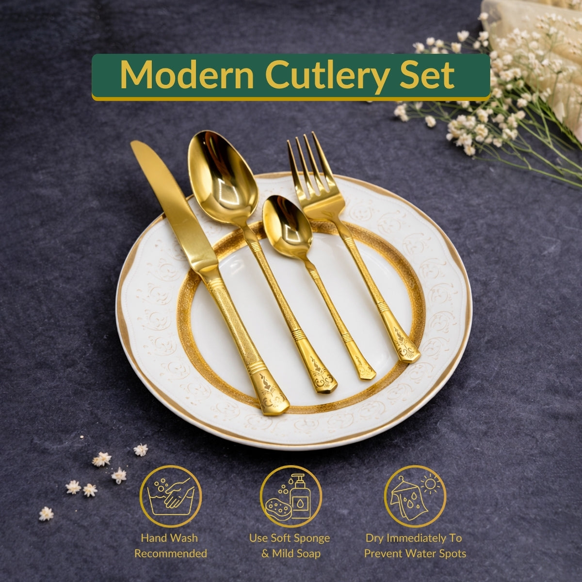 AYD Premium 24-Piece Golden Diamond Pattern Cutlery Set - 6 Person