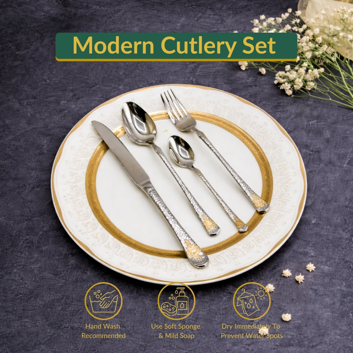 AYD Premium 24-Piece Hammered Golden & Silver Cutlery Set - 6 Person