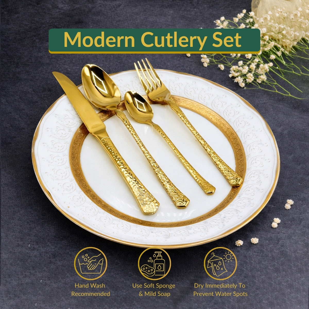 AYD Premium 24-Piece Hammered Golden Cutlery Set - 6 Person