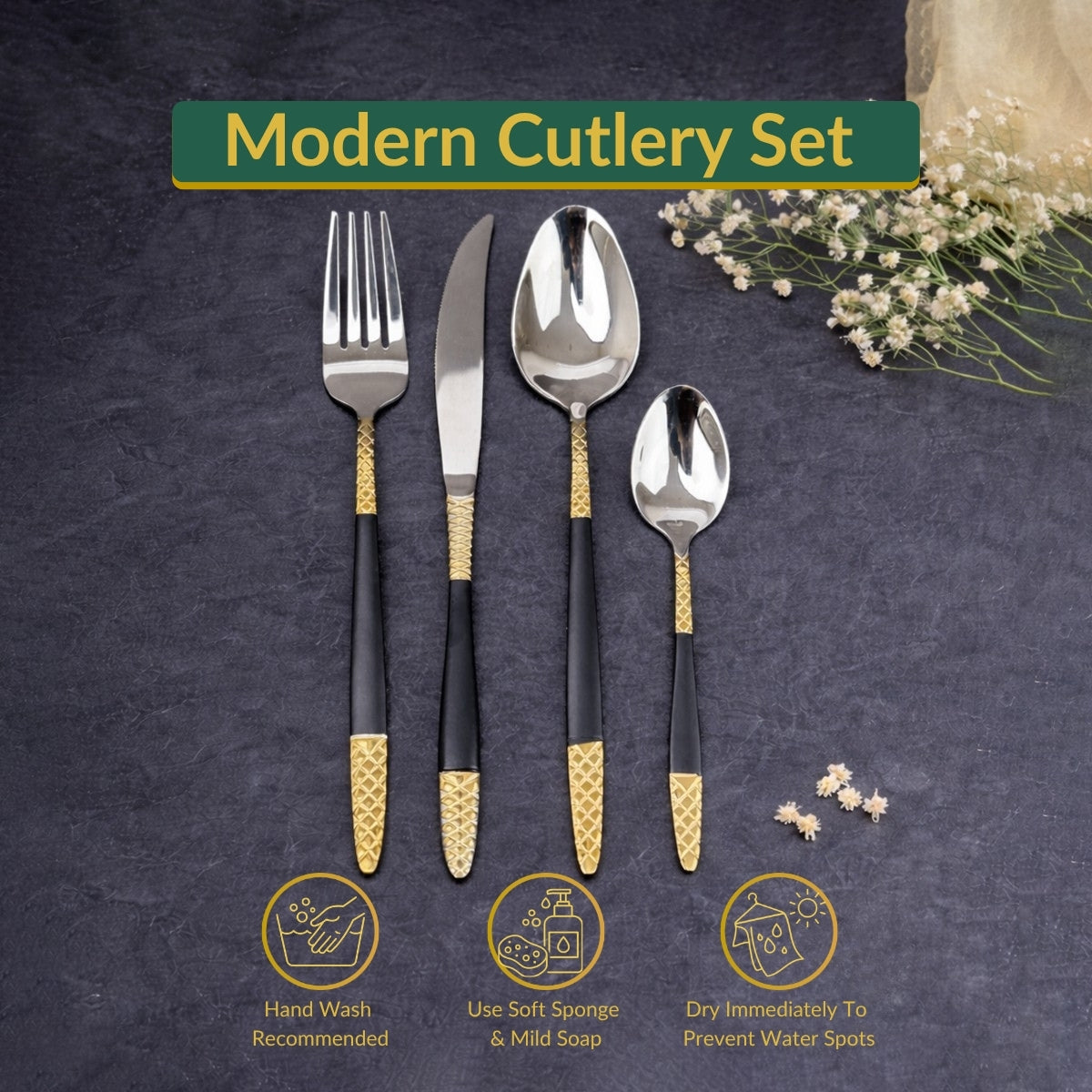 AYD Premium 24-Piece Black & Golden Cutlery Set - 6 Person