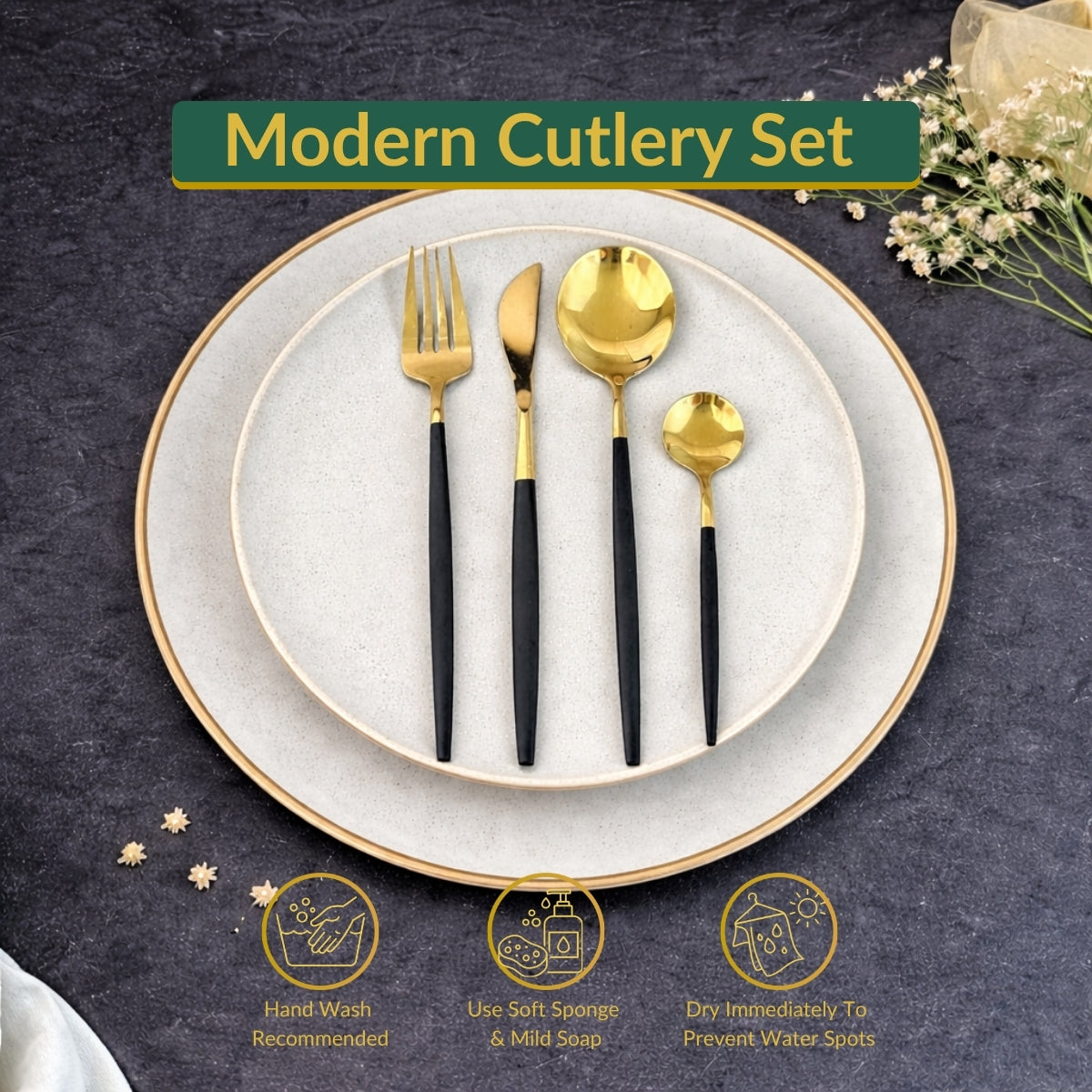 35 Grams Quality Cutlery for 6 People - 24 Piece Set - Gold & Black