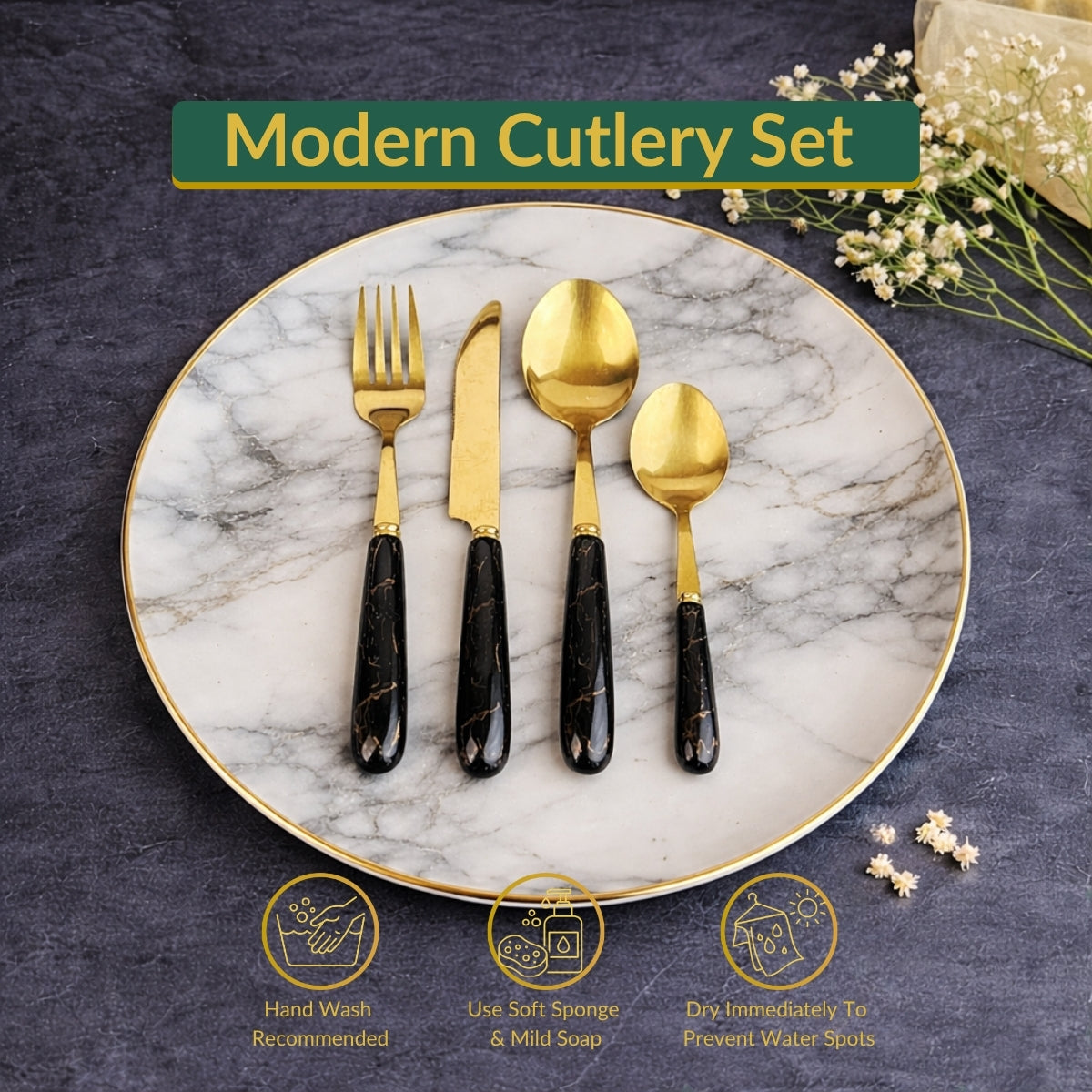 Black Marbline Golden Cutlery Set 25 Pcs