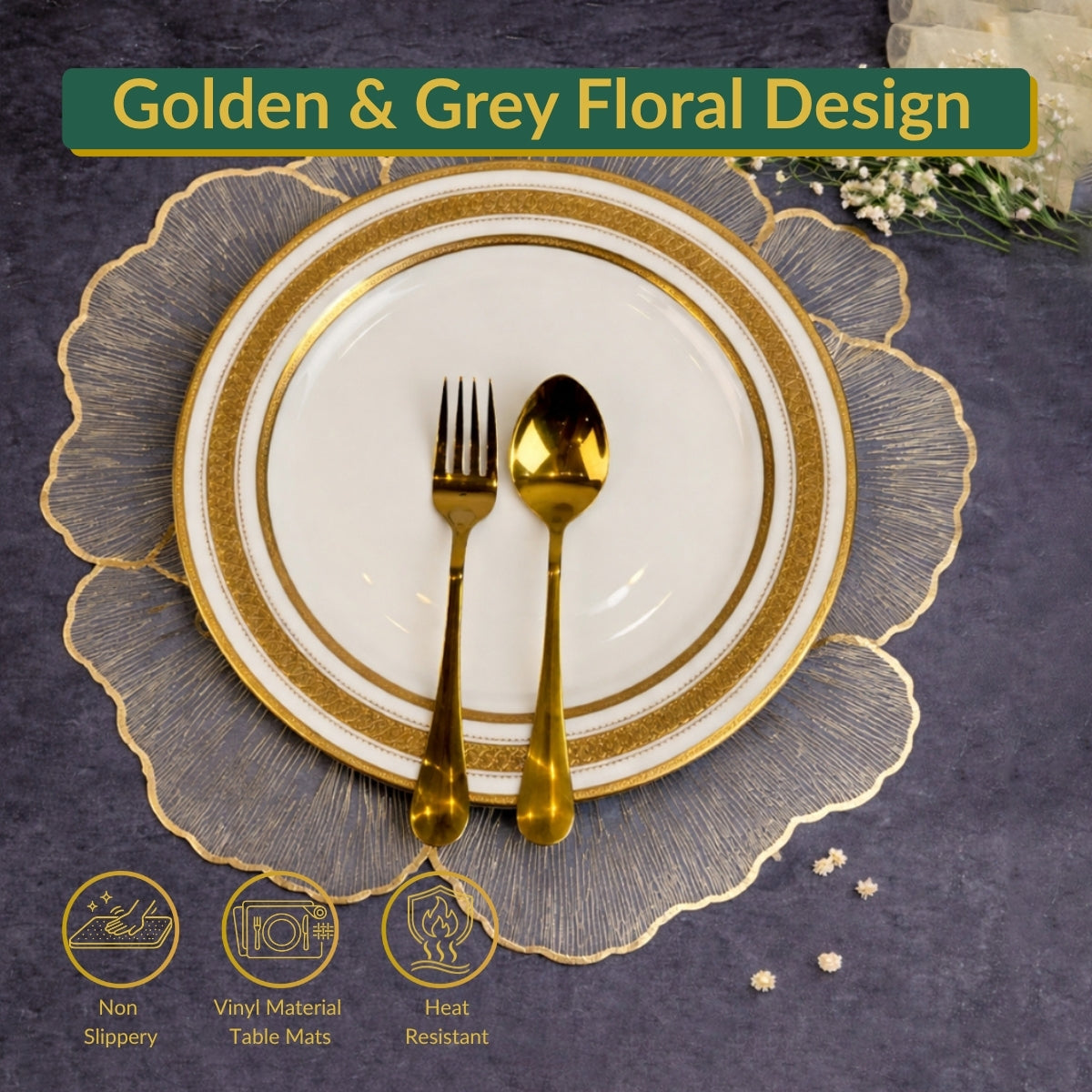 Golden & Grey Round Floral Placemat