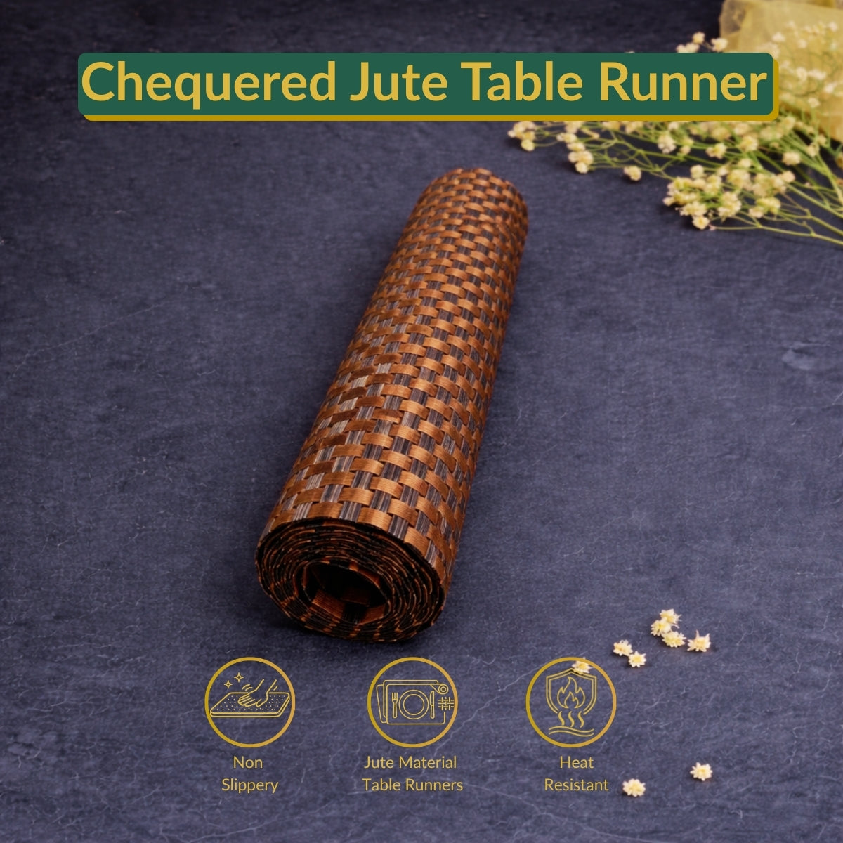 Jute Table Runner-Washable & Heat Resistant-Chequered Wood