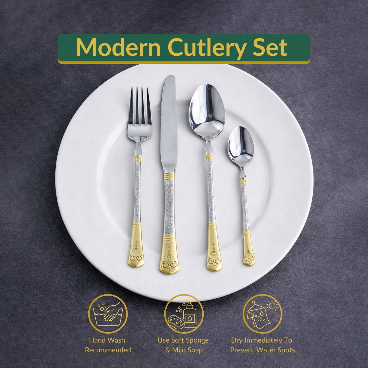Imported Cutlery 24-Piece Golden & Silver Diamond Pattern Design - 6 Person