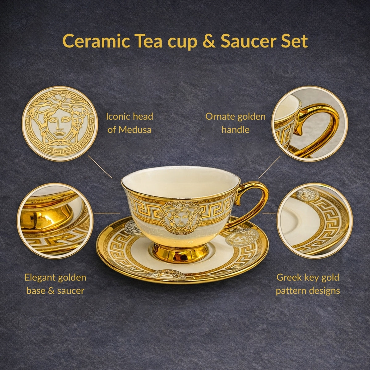 6 Persons Ceramic Tea cup & Saucer Set - Versace Design