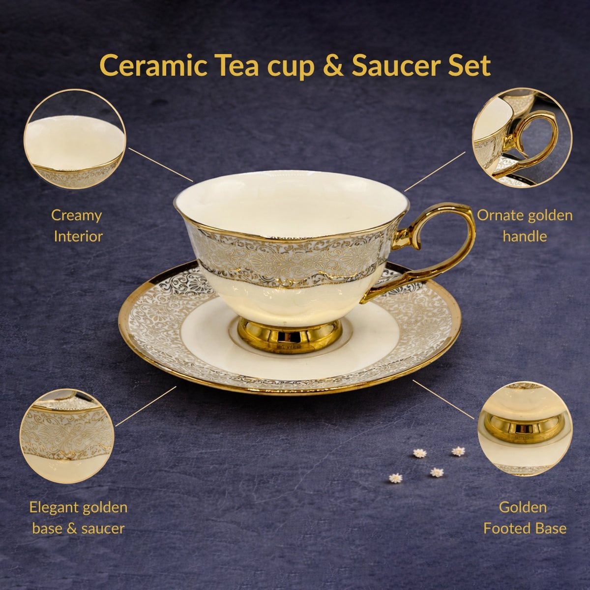 6 Persons Ceramic Tea cup & Saucer Set - Golden Flower 2 Design