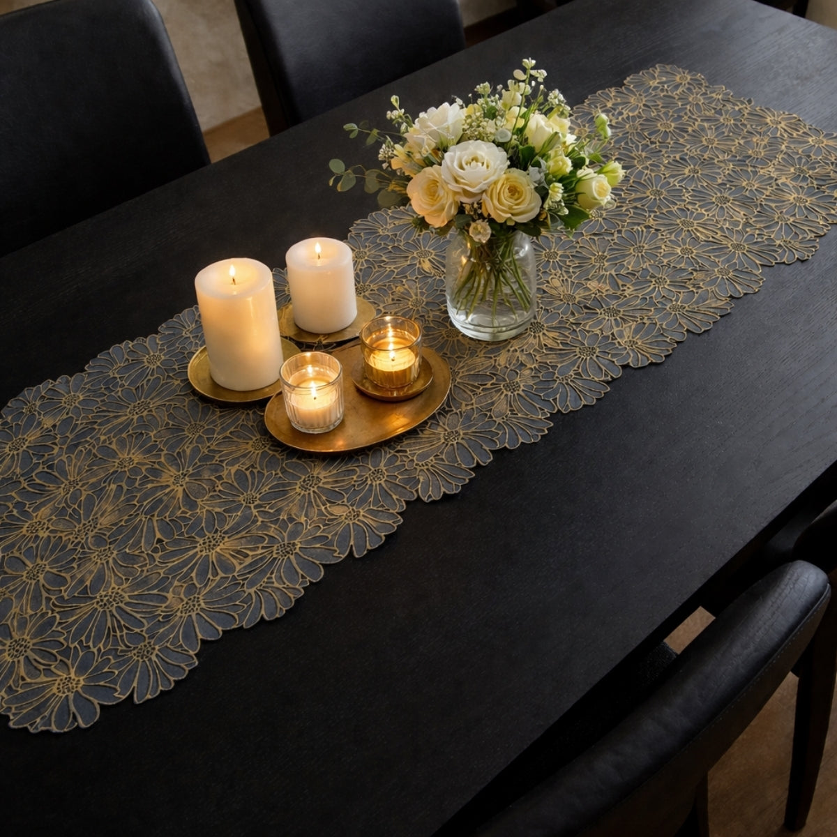 Vinyl Table Runner Classic Gray & Golden Flower Style