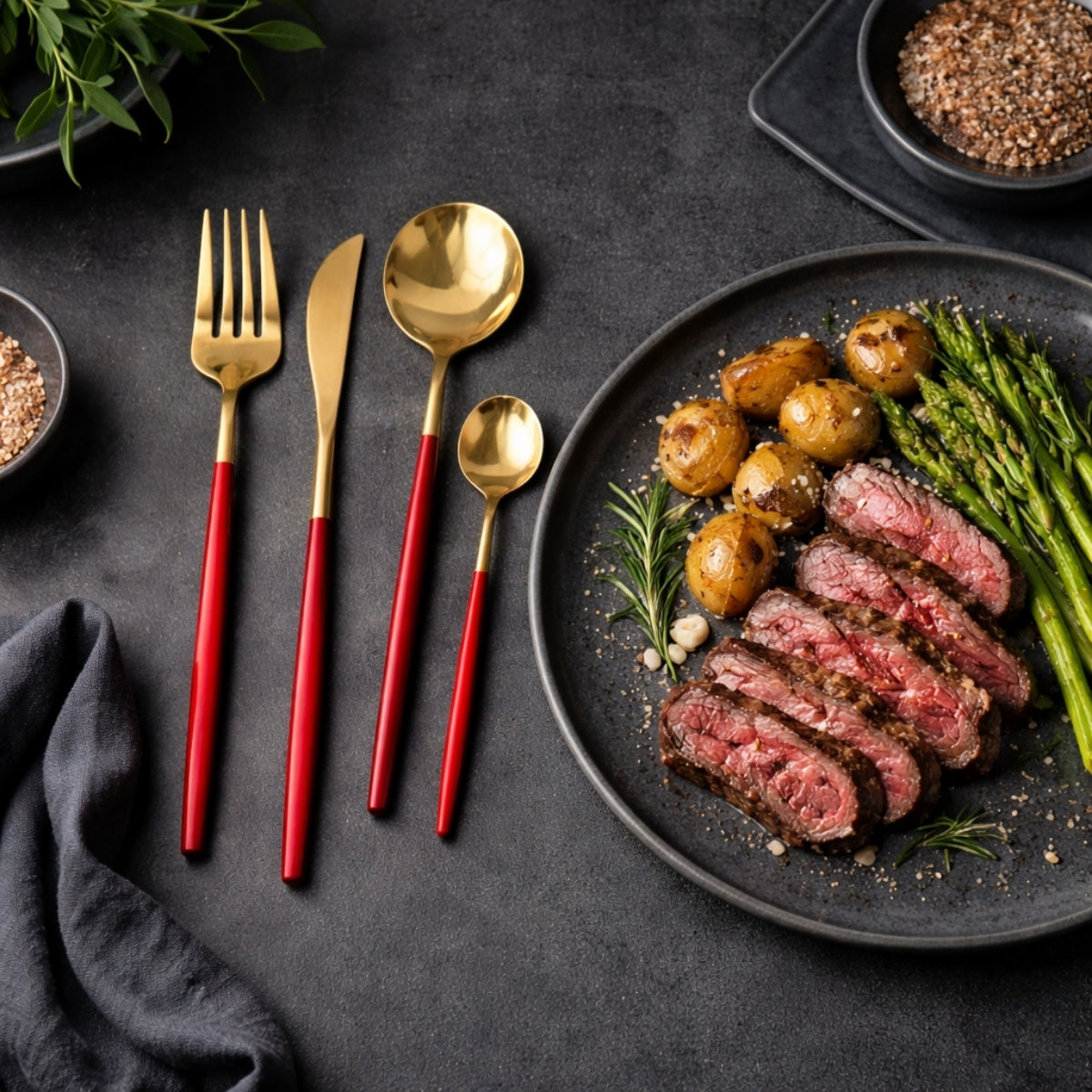 35 Gram Quality Cutlery for 6 People - 24 Piece Set - Gold & Red