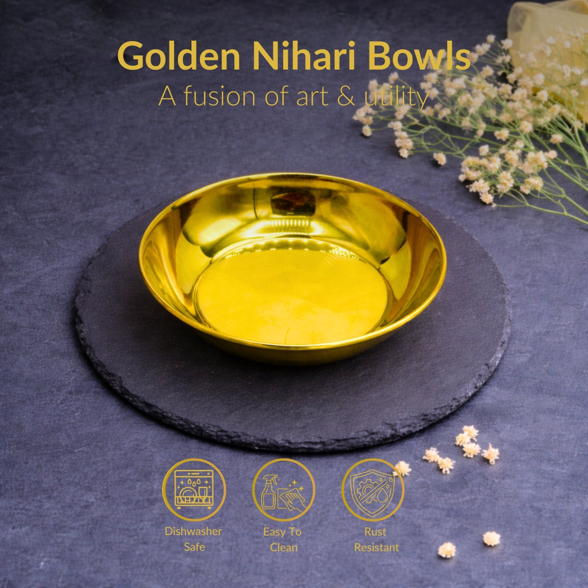 QM® Golden Nihari Bowls-Set of 3-PVD Coated