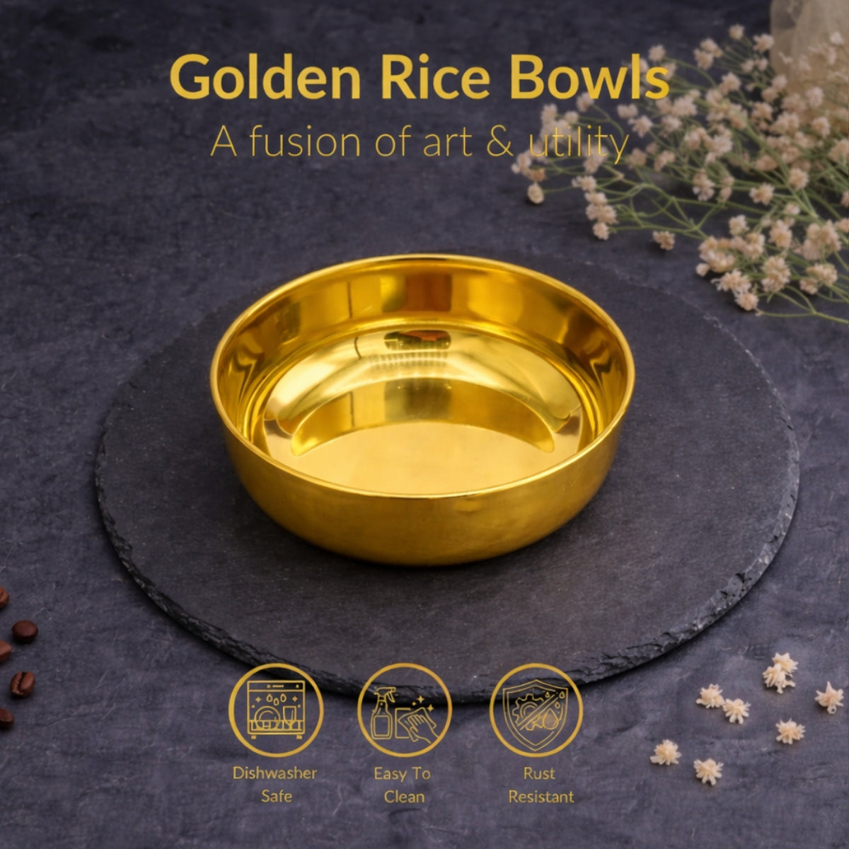Golden Rice Bowls-Set of 3-PVD Coated QM Branded