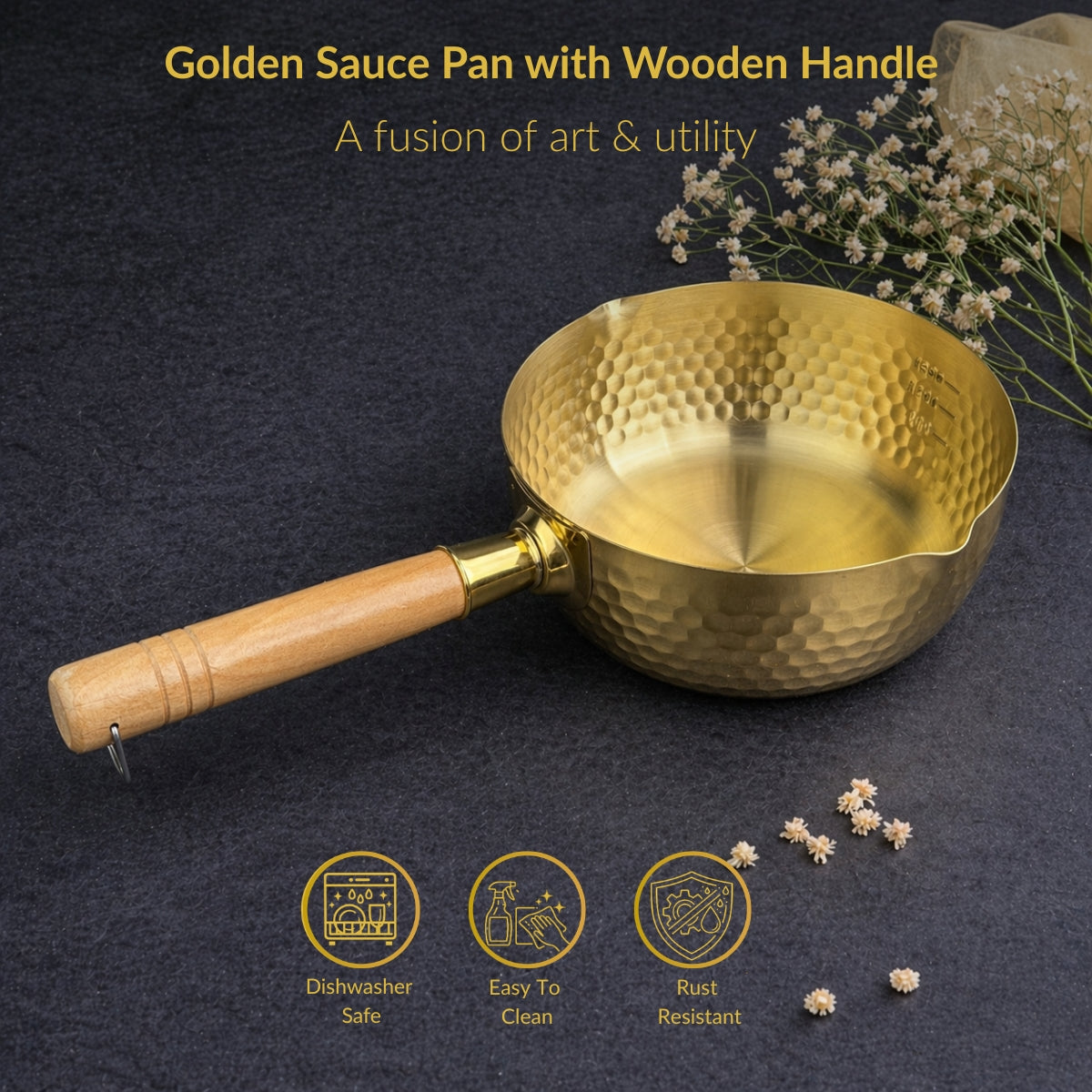Golden Sauce Pan with Wooden Handle