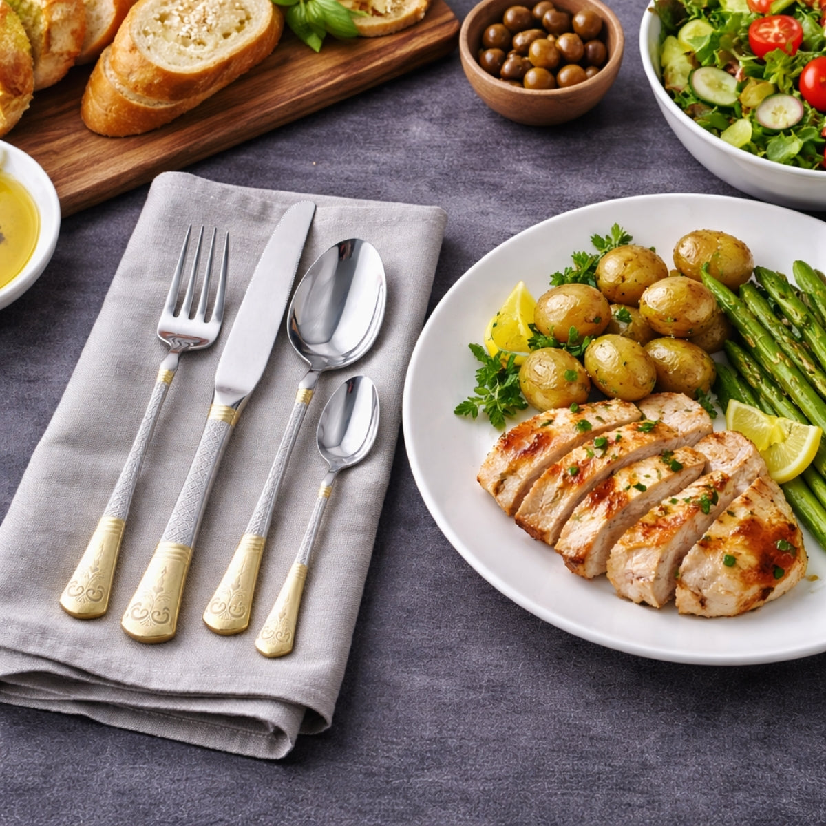 Imported Cutlery 24-Piece Golden & Silver Diamond Pattern Design - 6 Person