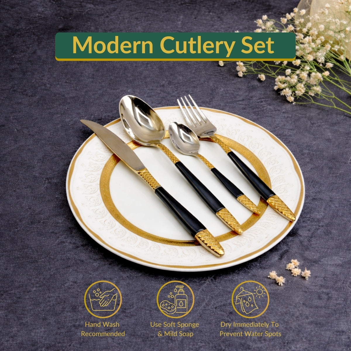 AYD Premium 24-Piece Black & Golden Cutlery Set - 6 Person