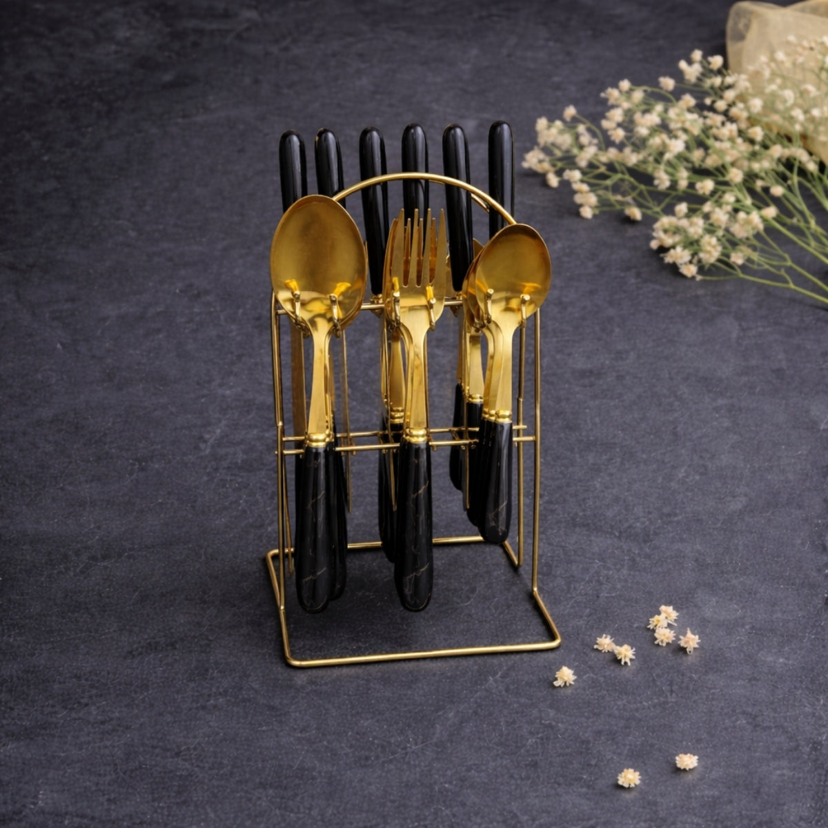 Black Marbline Golden Cutlery Set 25 Pcs