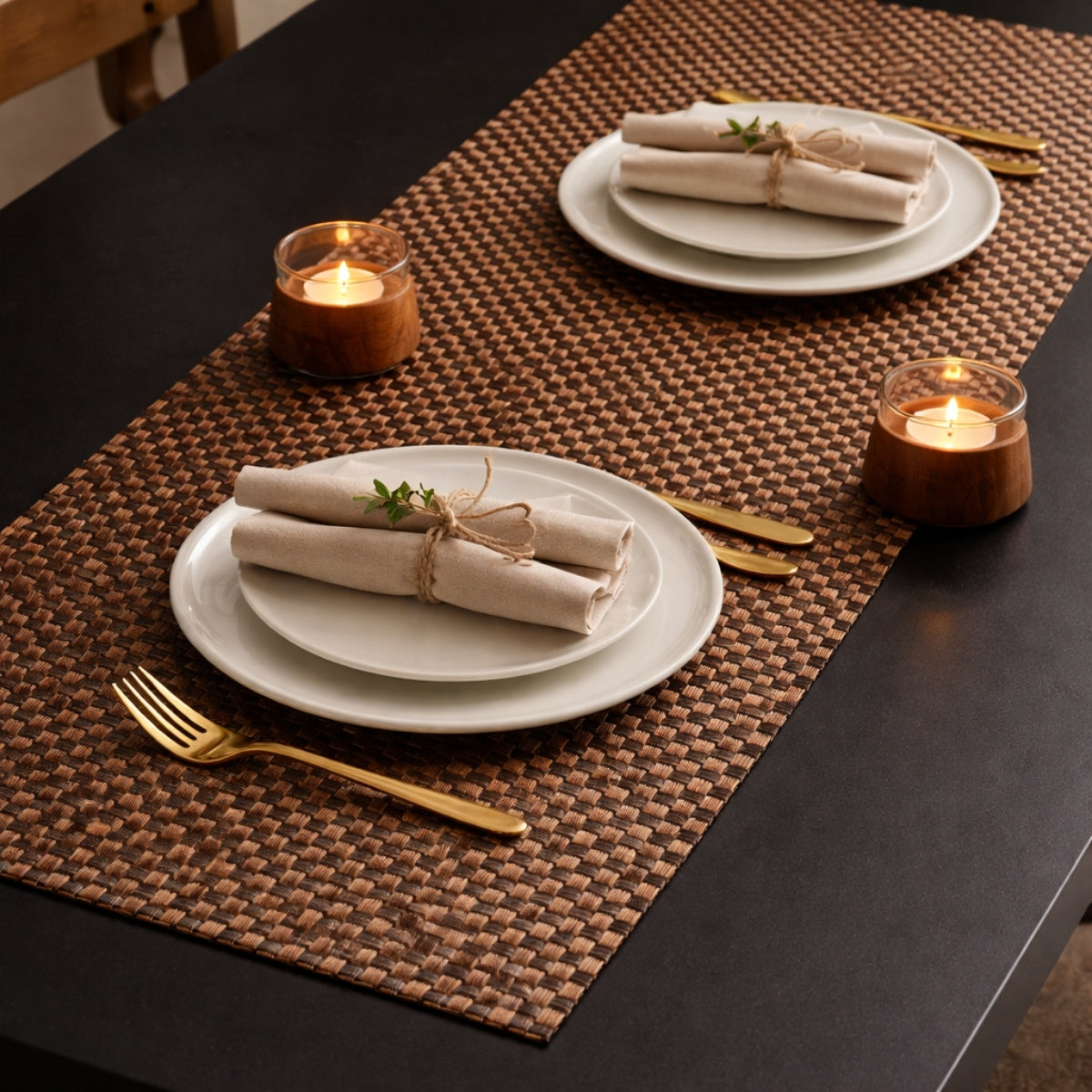 Jute Table Runner-Washable & Heat Resistant-Chequered Wood
