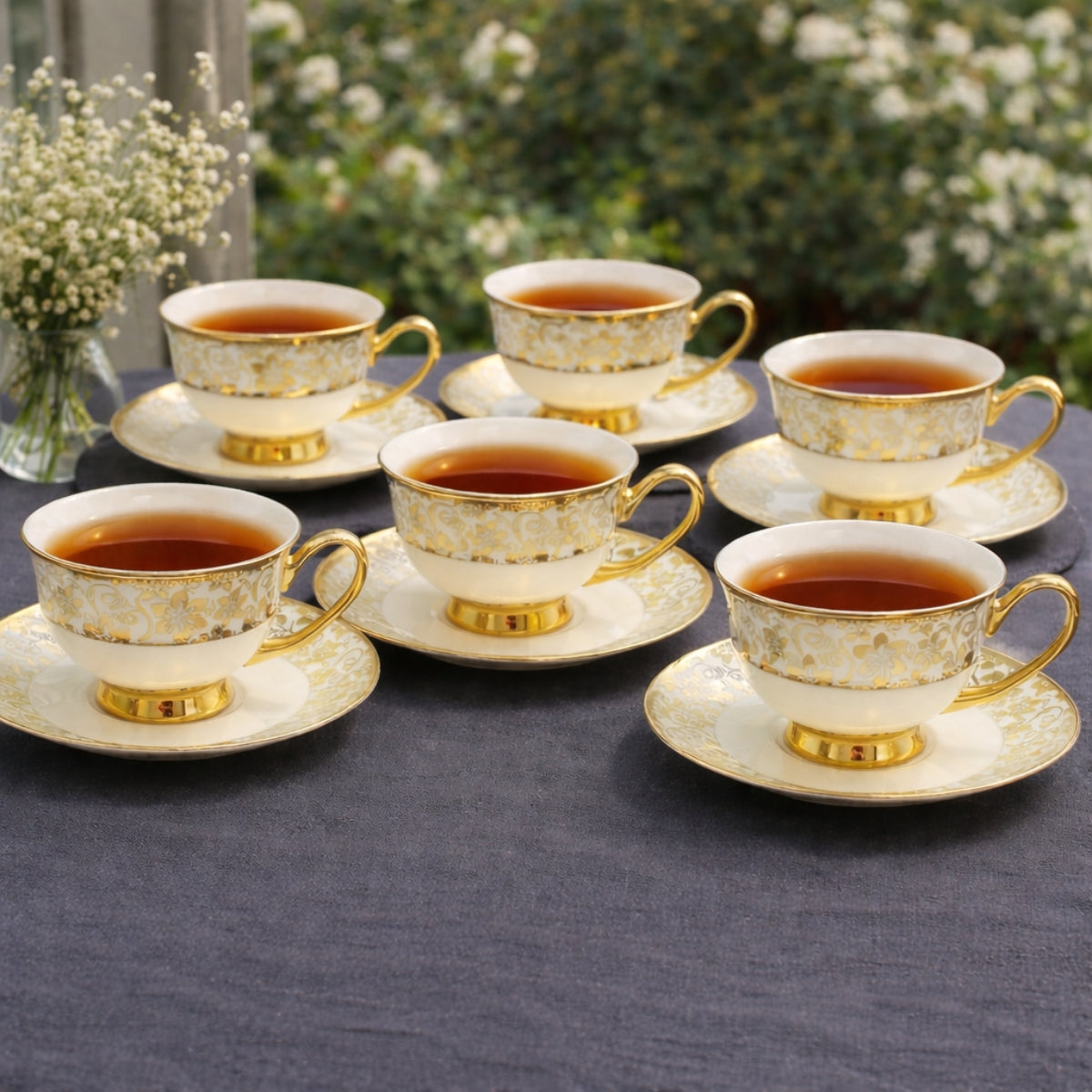 6 Persons Ceramic Tea cup & Saucer Set - Golden Flower Design