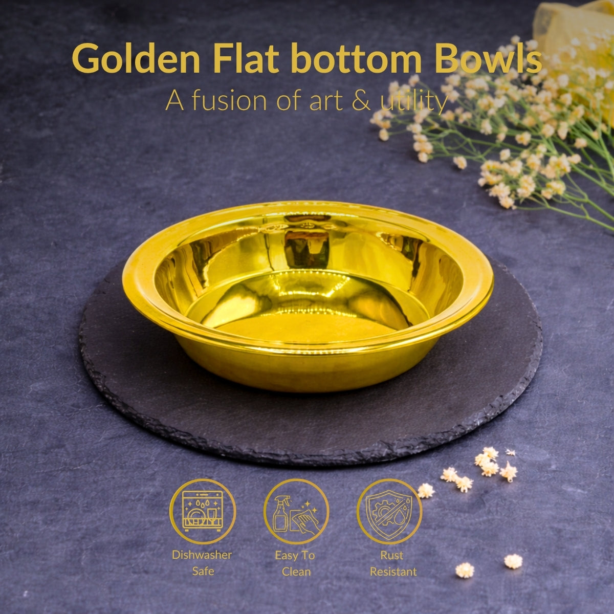Set of 3 Golden Flat bottom Bowls
