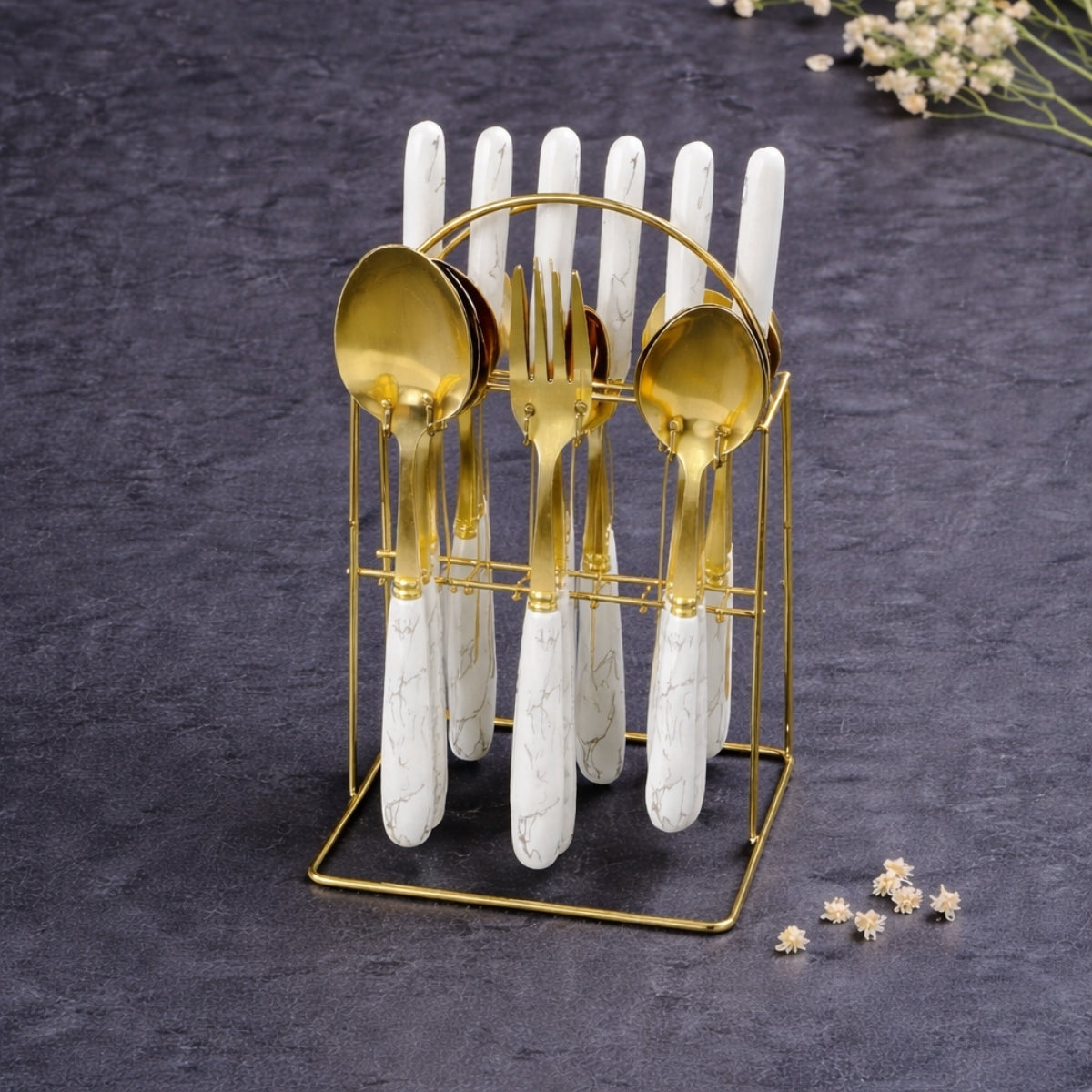 White Marbline Golden Cutlery Set 25 Pcs