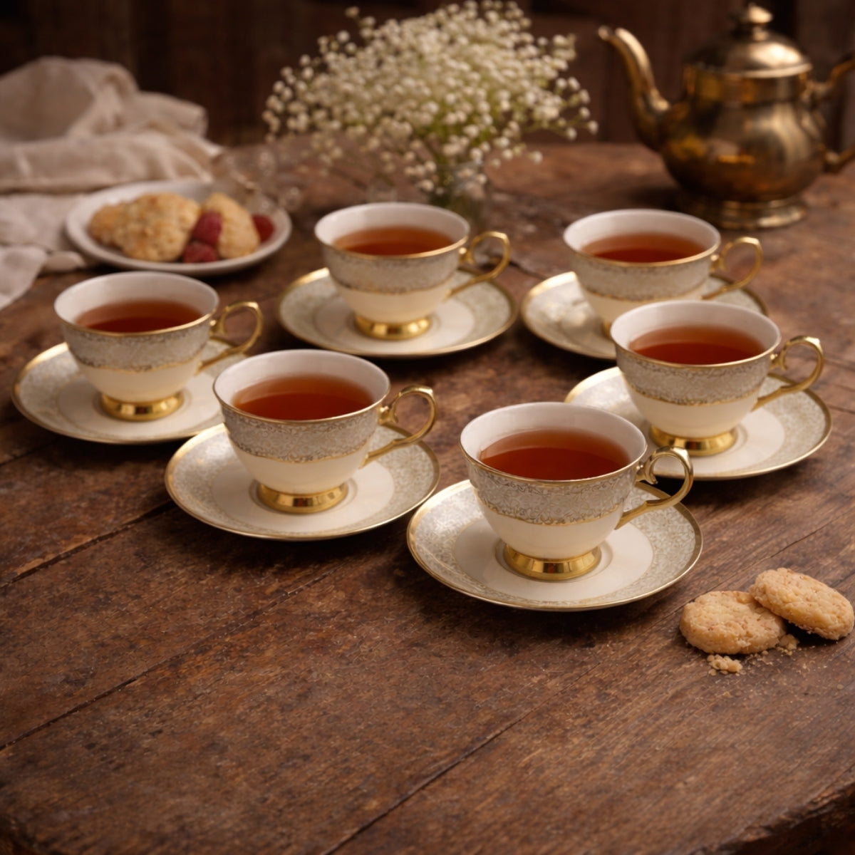 6 Persons Ceramic Tea cup & Saucer Set - Golden Flower 2 Design