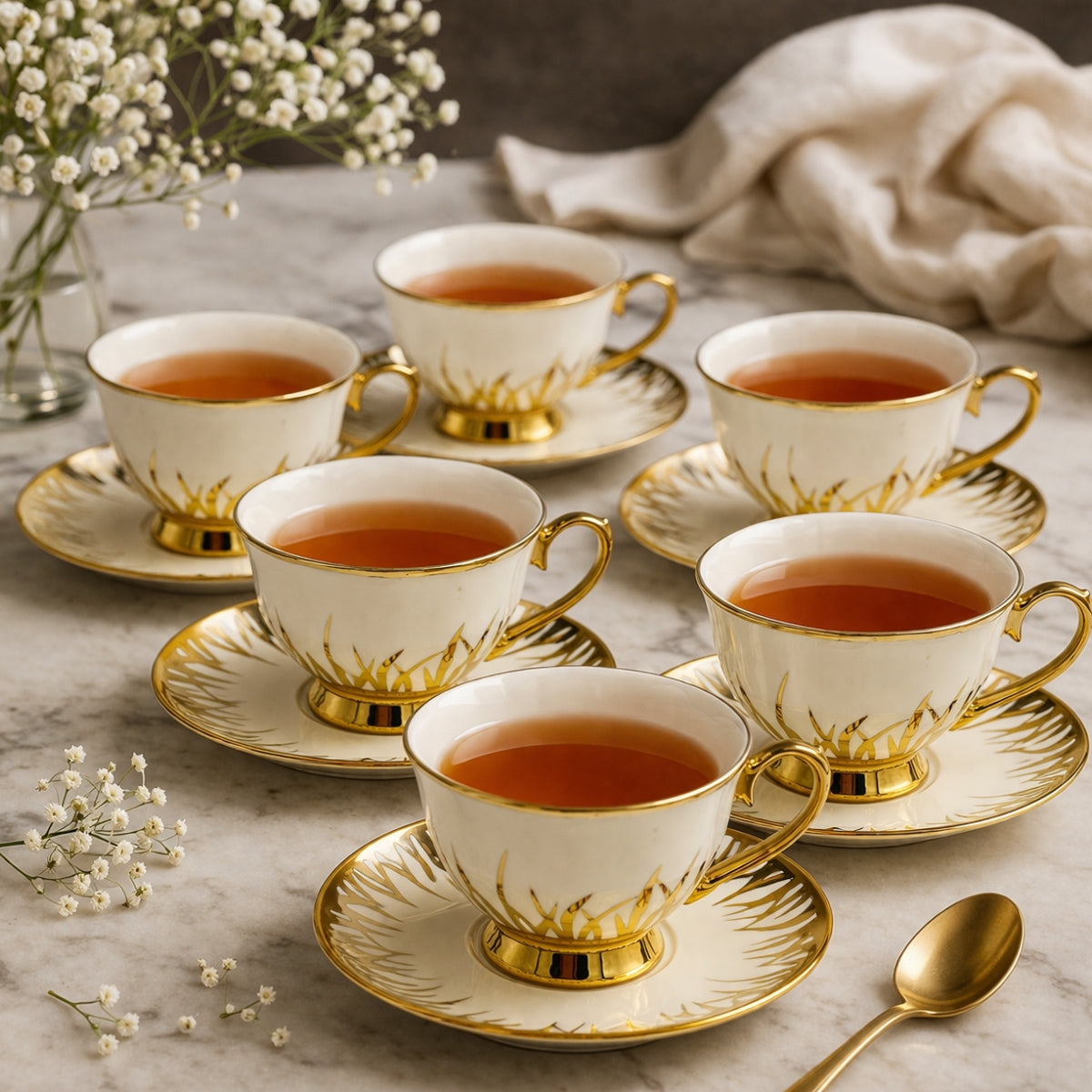 6 Persons Ceramic Tea cup & Saucer Set - Golden Bushes Design