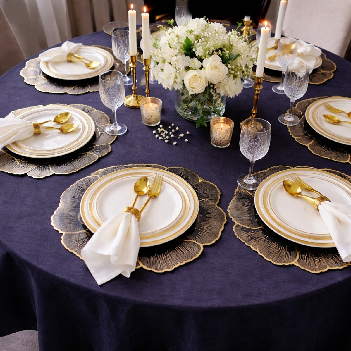 Golden & Black Round Floral Placemat