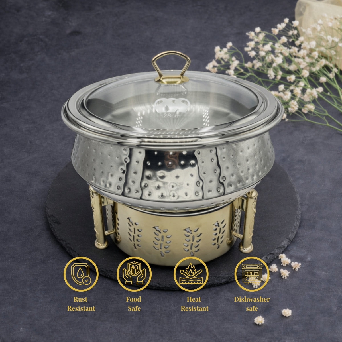QM®  Chafing Dishes With Burner Stand & Steamer-Stainless Steel
