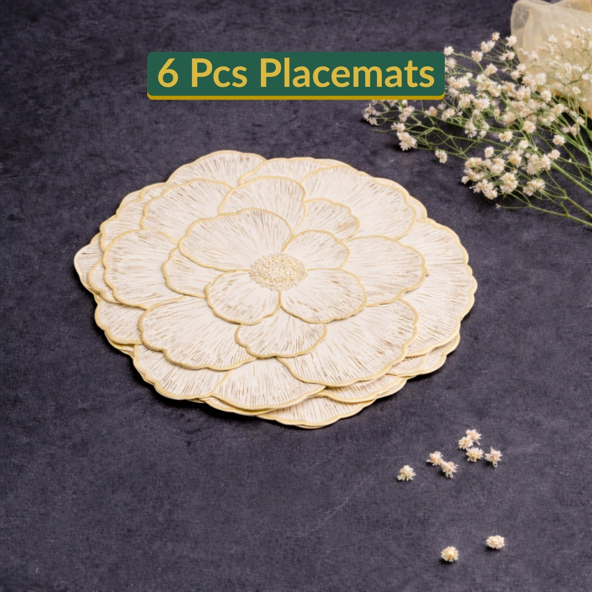 Golden & White Round Floral Placemat