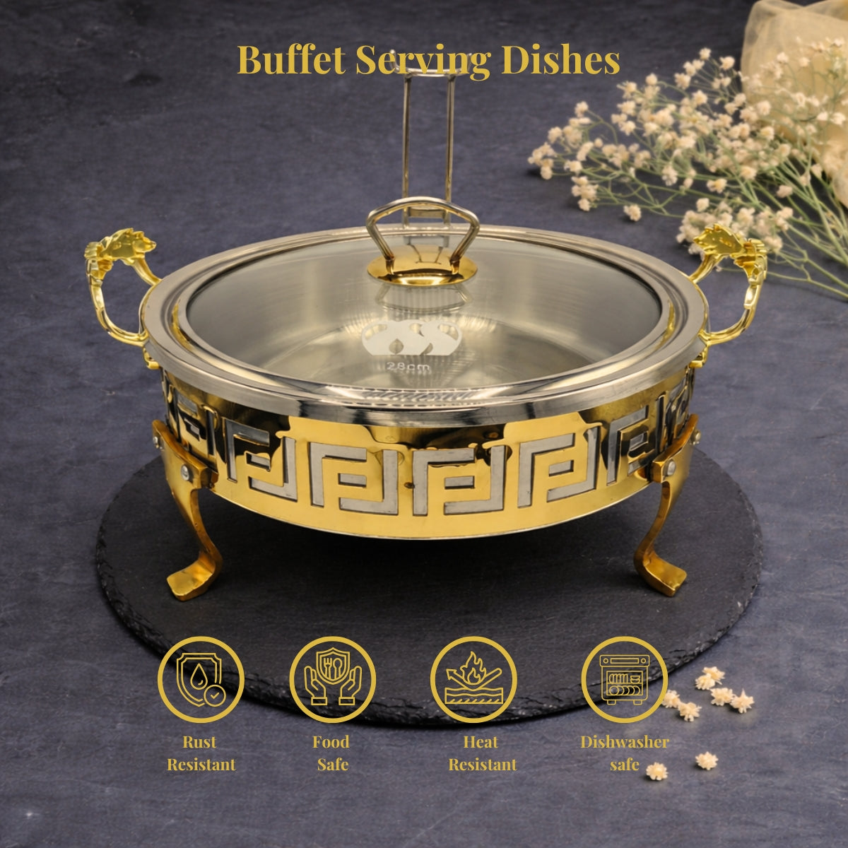 QM® Buffet Serving Dishes with Lid, Stand & Burner-Stainless Steel