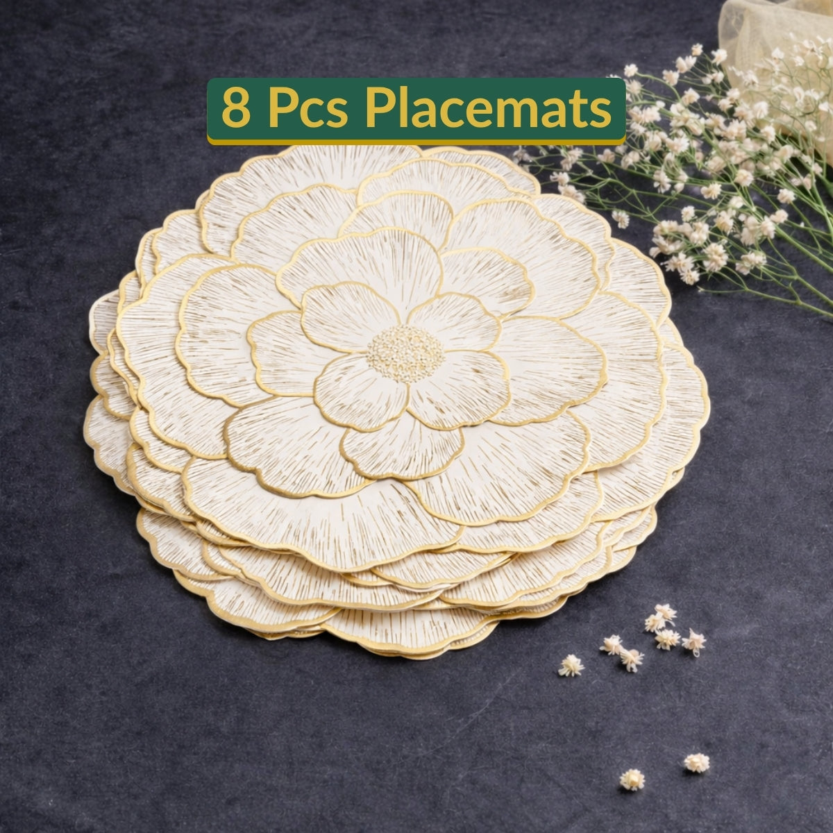 Golden & White Round Floral Placemat